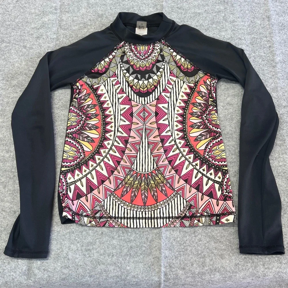 Billabong Girls Long Sleeve Rash‎ Guard Black Mandala Print Size 8